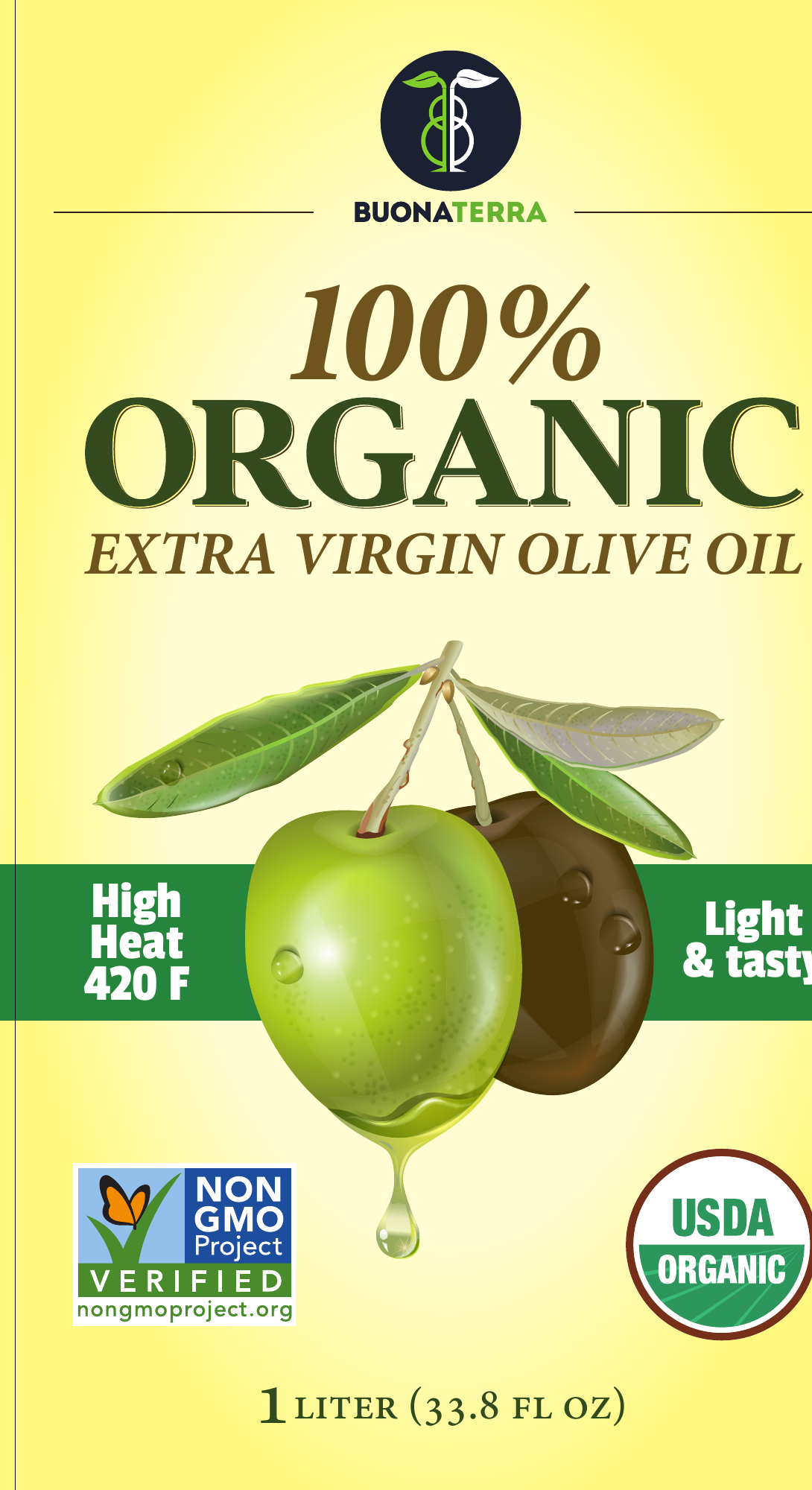 Buona Terra 100% Organic Extra Virgin Olive Oil, 1 Liter